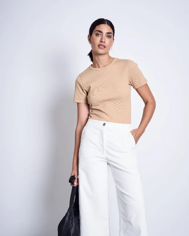 RIB T-SHIRT NILE CAMEL GOTS Collared T-Shirt Boat Neck A-Line
