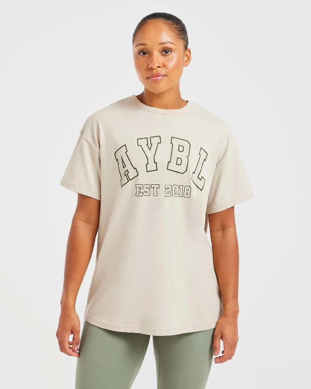 Varsity Oversized T Shirt - Beige / Khaki Welt Pockets Slit Pockets