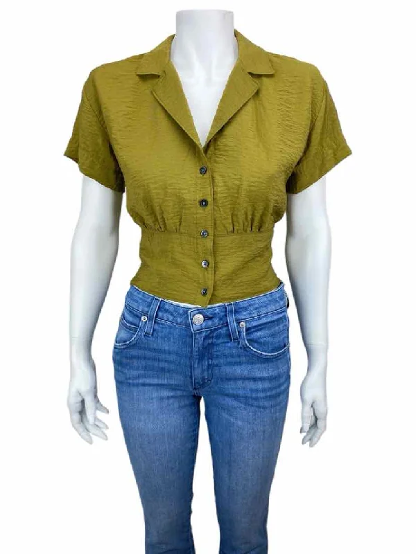 Madewell Women's Cropped Crinkle Shirt Green Gold Size XS V-Neck T-Shirt Long Sleeve Cotton