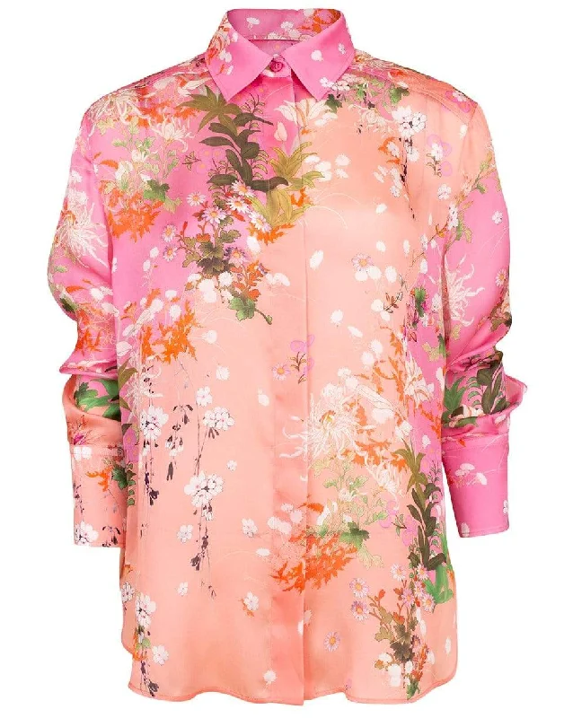 Sakura Print Button Down Shirt Silk Blend Satin Velvet