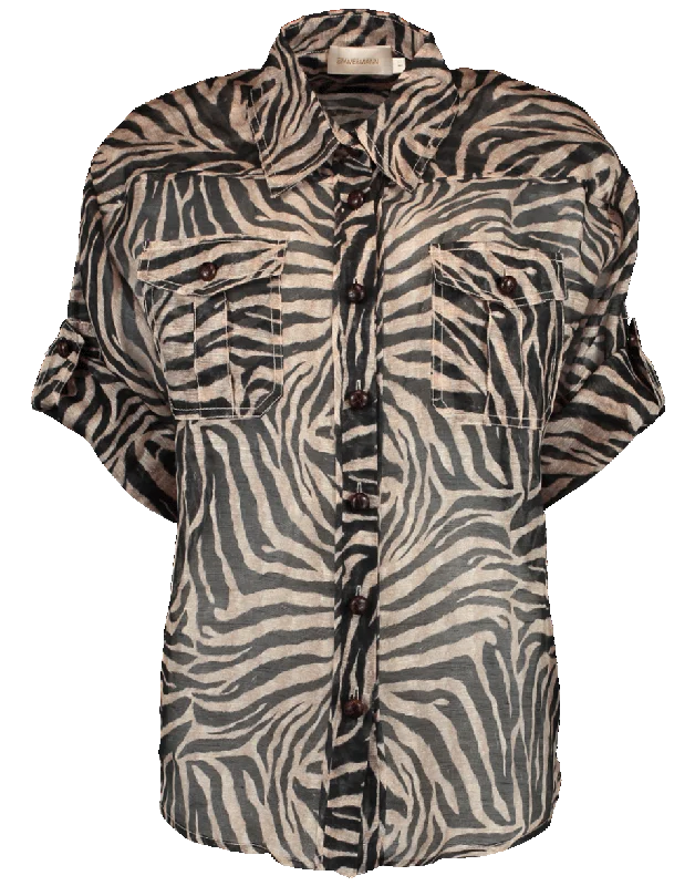 Corsage Safari Shirt Zippered Buttoned Snapped