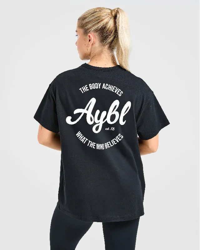 Body Achieve Mind Believe Oversized T Shirt - Black Notch Collar Peter Pan Collar Cowl Neck