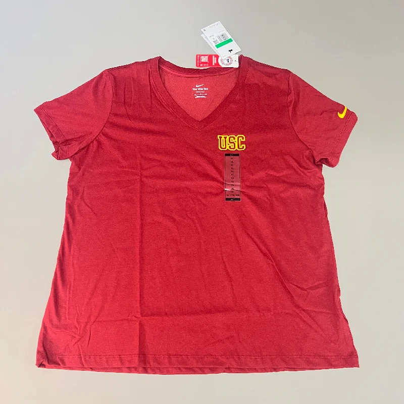 NIKE USC Trojans Logo Dri-Fit V-Neck T-Shirt Women's Sz XL Cardinal Red DQ1708-613 (New) Solid Print Embellished