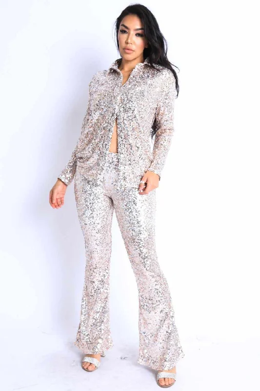 Sequin Button Down Shirt And Pant Set Casual Formal Business