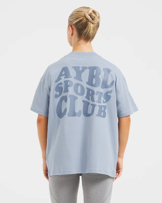Sports Club Wavy Oversized T Shirt - Dusty Blue Fleece Fabric Down Fabric Feather Fabric