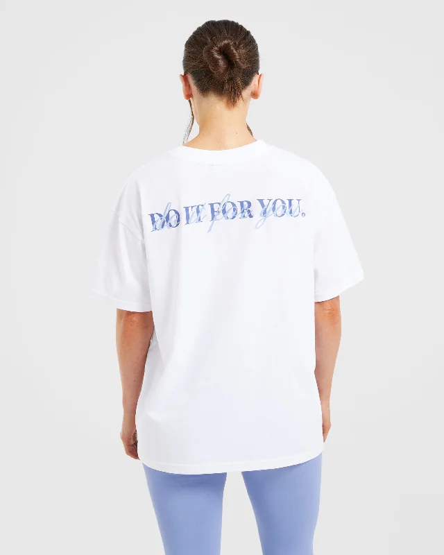 Do It For You Oversized T Shirt - White/Blue Graphic T-Shirt Round Neck Polyester