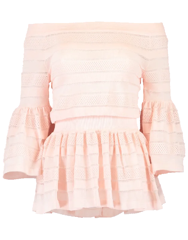 Genesia Off Shoulder Shirt Print Jacquard Patchwork