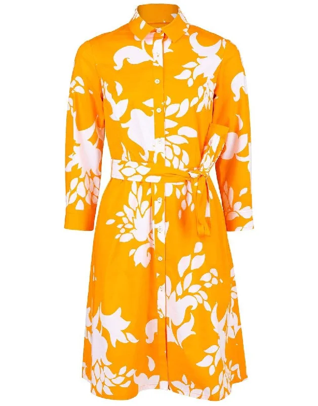 Abstract Floral Print Shirtdress Real Fur Shearling Chenille