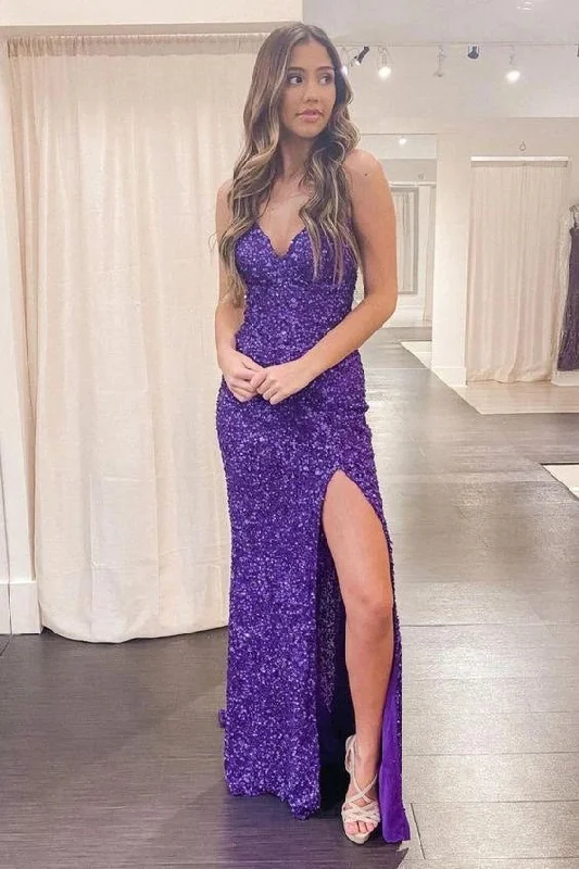 Purple Mermaid Sequins Split Evening Party Dresses Long Prom Dresses Tunics Seasonal trendy