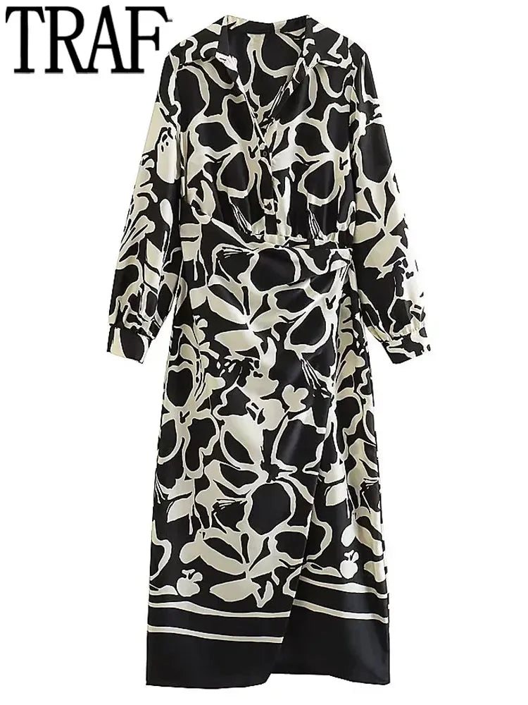 Yipinpay Vintage Print Long Dress Women Wrap Black Shirt Dress Woman Long Sleeve Elegant Dresses For Women 2023 Midi Party Dresses Tunics Satin smooth