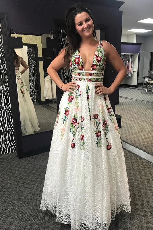 Charming Floral Embroidery Long Prom Dresses V Neck A Line Party Dresses Tunics Ceremony elegant