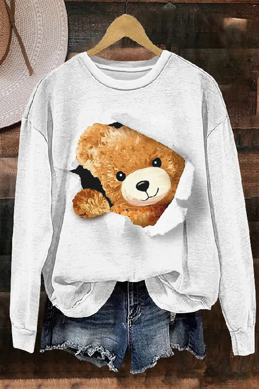 Cute Little Bear Print Sweatshirt Hoodie with Set-In Sleeves Structured Classic