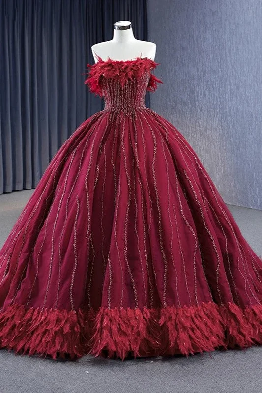 Stylish Evening Party Dresses Feather Off-the-shoulder Beading Ball Gown Satin Halter Glamorous