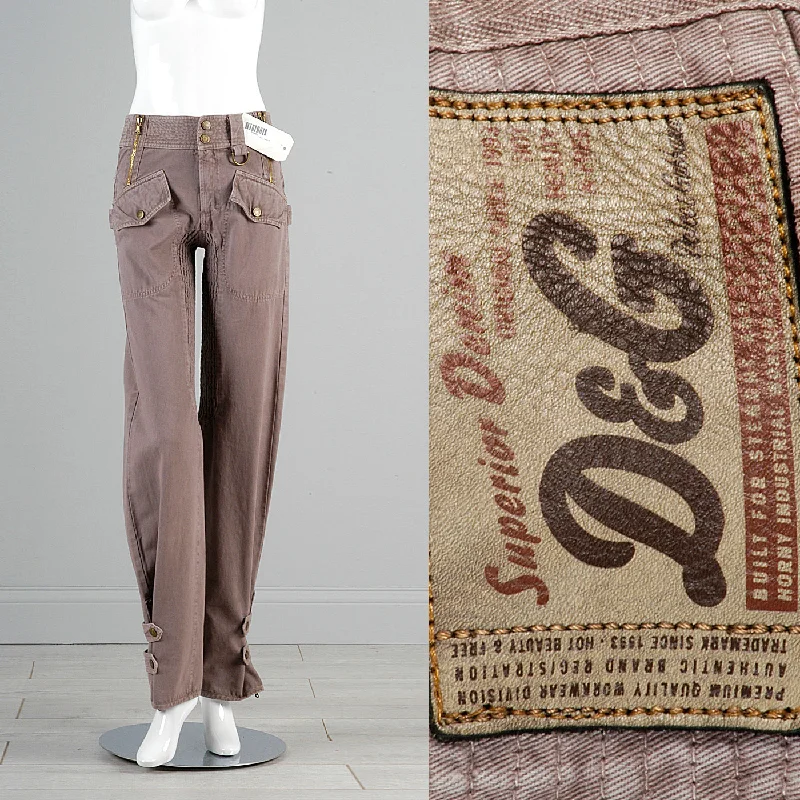 D&G Superior Denim by Dolce & Gabbana Taupe Twill Pants with Zippers Snaps and Smocked Thighs Cozy Fitted Pants