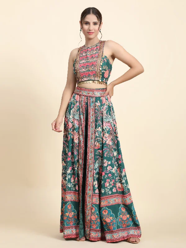 GREEN PRINTED TRENDY SKIRT PALLAZO AND CROP TOP - RENT Print Jacquard Patchwork