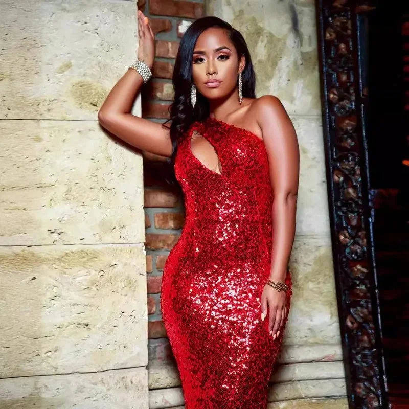 Red Sequins Bodycon Maxi Evening Party Dress with Hollow Detail Tunics Print Colorful
