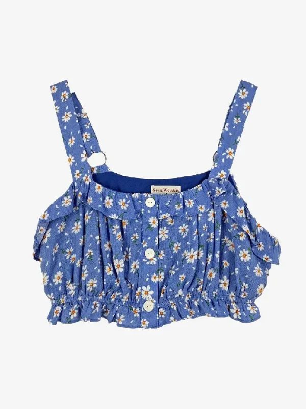 Seven Wonders Blue Daisy Ruffle Crop Top Size 10 Layered Multi-layer Single Layer
