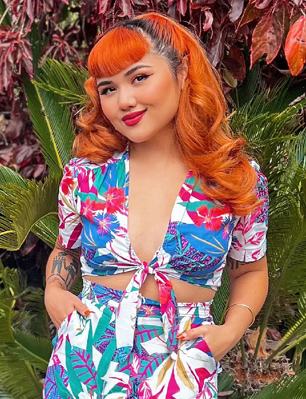 Scout for Loco Lindo - 1940s Tropical Lounge Print Daisy Crop Top Ribbed Striped Patterned