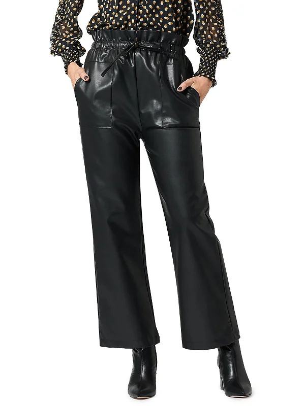 Womens Vegan Leather High Rise Wide Leg Pants Stylish Slim Trousers