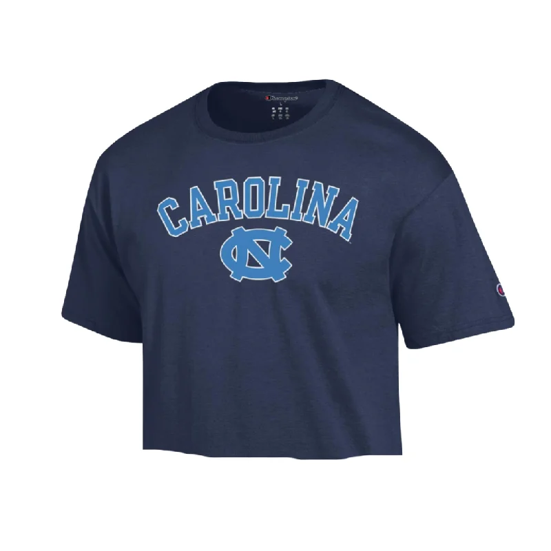 UNC Basic Crop Top by Champion in Navy Hooded Caped Shawl Collar