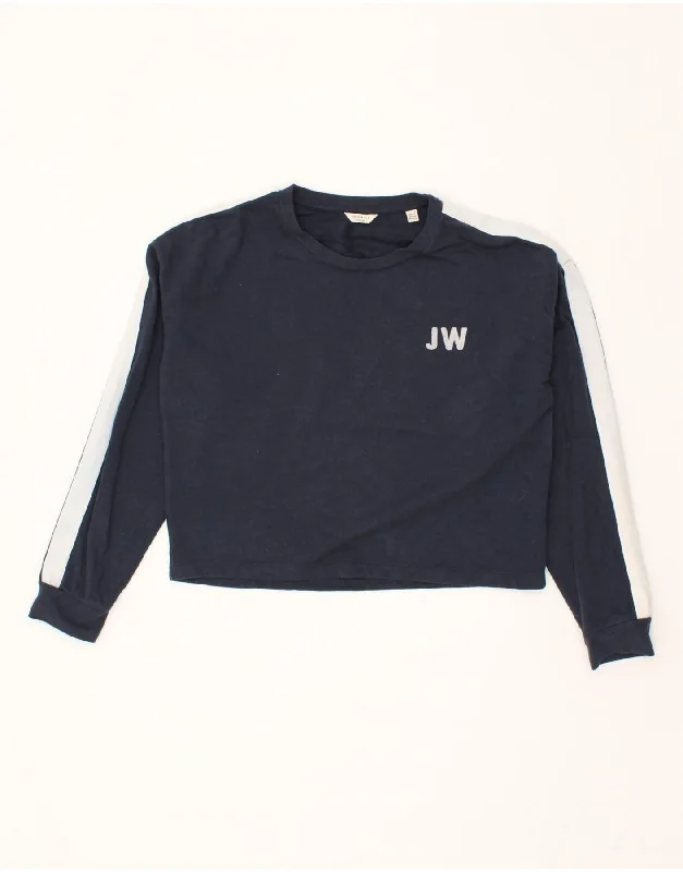 JACK WILLS Womens Crop Top Long Sleeve UK 12 Medium Navy Blue Colourblock Mesh Fabric Canvas Fabric Denim Fabric