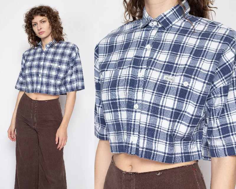 Small 80s Blue Plaid Collared Crop Top Front Pockets Side Pockets Patch Pockets