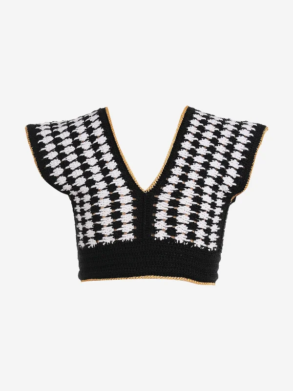 Girls Garnet Crop Top in Black Houndstooth Herringbone Solid