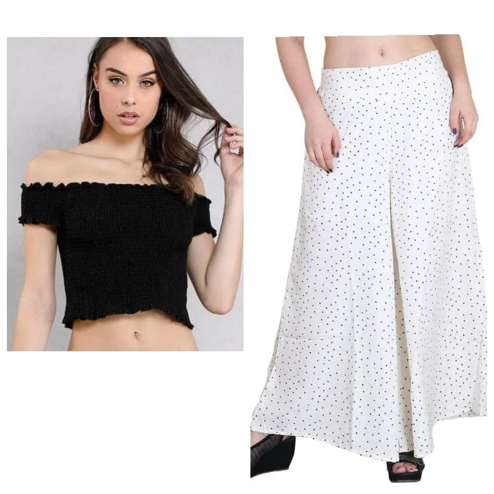Palazzo & Crop Top Black Colour Crepe Palazzo with inner lined & Tube Smoking Top Collared Crew Neck Turtle Neck