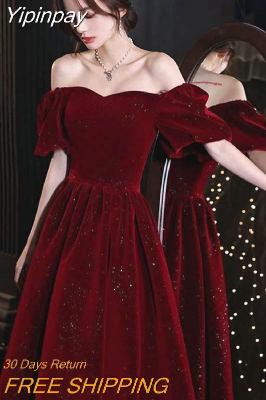 Yipinpay Red Long Formal Dress Women Summer Casual Bandage Design New In Dress Sexy Slim Puff Sleeve Wedding Evening Party Dress Tunics Satin smooth