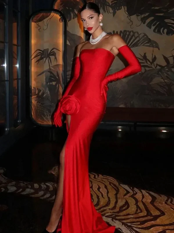 Red Christmas Party Dress - Strapless High Slit Maxi Sequined Elegant Party