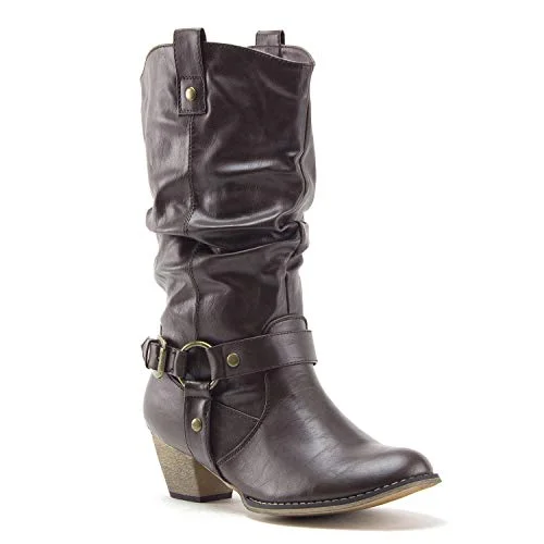 Women's Tall Ruched Western Chunky Heel Pull On Cowboy Cowgirl Dress Boots Tunics Sophisticated sleek