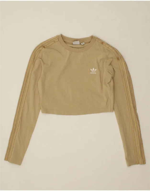ADIDAS Womens Crop Top Long Sleeve UK 10 Small Beige Cotton Knit Fabric Woven Fabric Fleece Fabric
