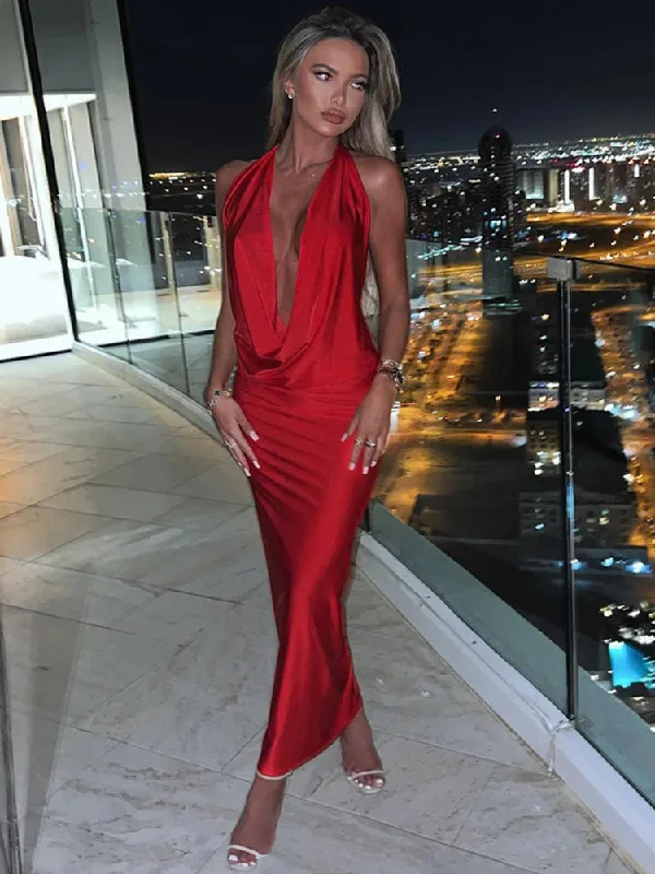 Satin Deep V Neck Sleeveless Maxi Christmas Party Dress Turtleneck Neckline Stylish
