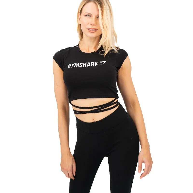 Gymshark Womens Ribbon Capped Sleeve Crop Top Black Handmade Hand-knitted Hand-woven