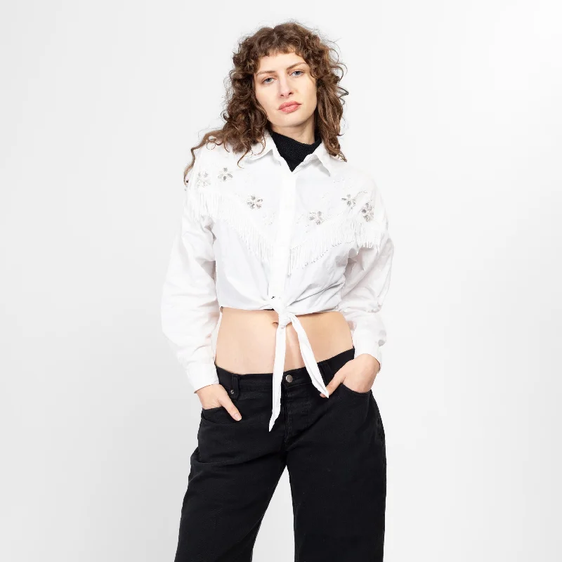 Medium 90s Western White Tie Front Crop Top Striped Floral Plaid