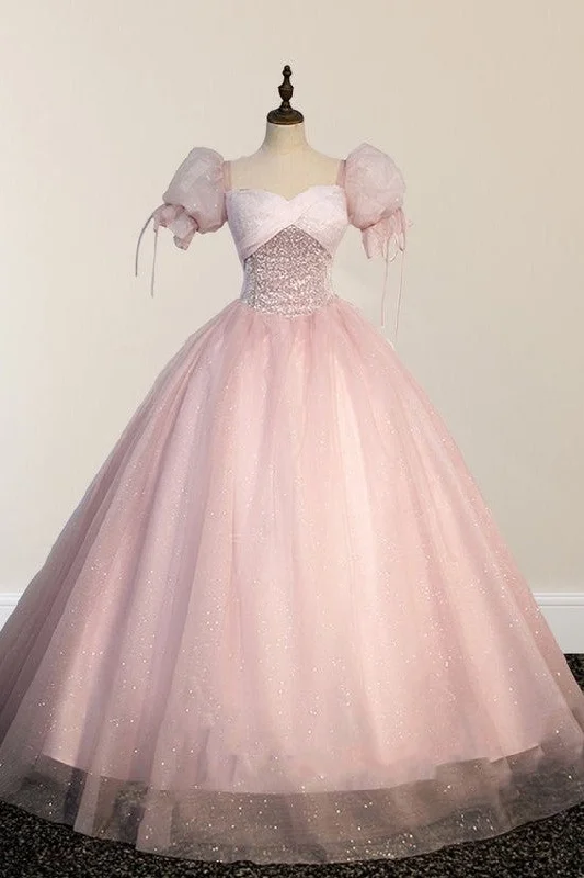 Delicate Short Sleeves Tulle Pink Floor Length Ball Gown Birthday Party Dress Tunics Long Elegant