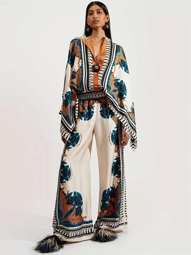 Native American Print 2 Piece Tunic Top & Pant Set Modern Bootcut Pants