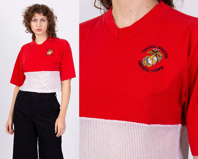 80s US Marine Corps Red Mesh Crop Top Tee - Extra Large Striped Floral Plaid