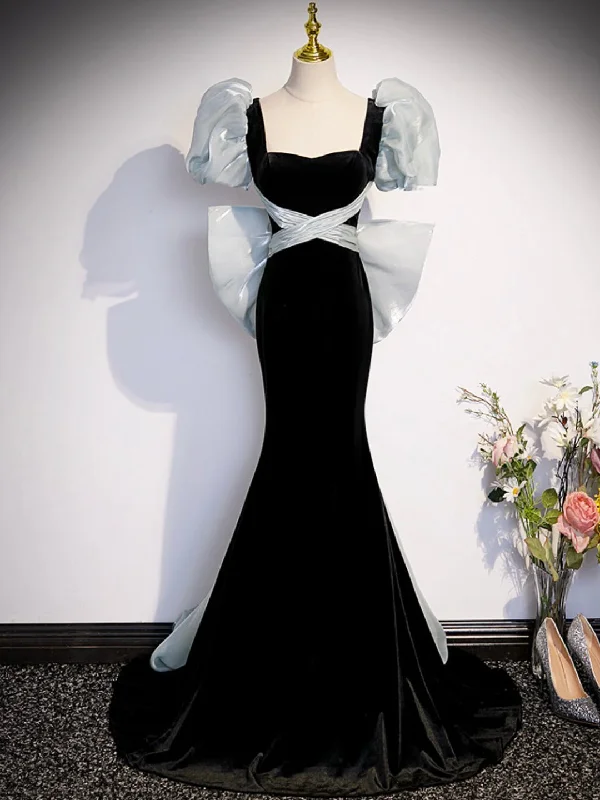 Black Velvet Long Prom Dress, Mermaid Evening Party Dress with Bow Tunics Timeless classic