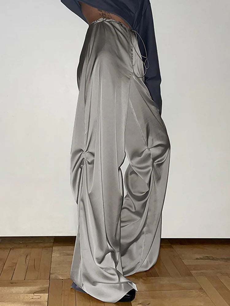 Grey Satin Loose Wide Leg Drawstring Pants Casual Wide Pants