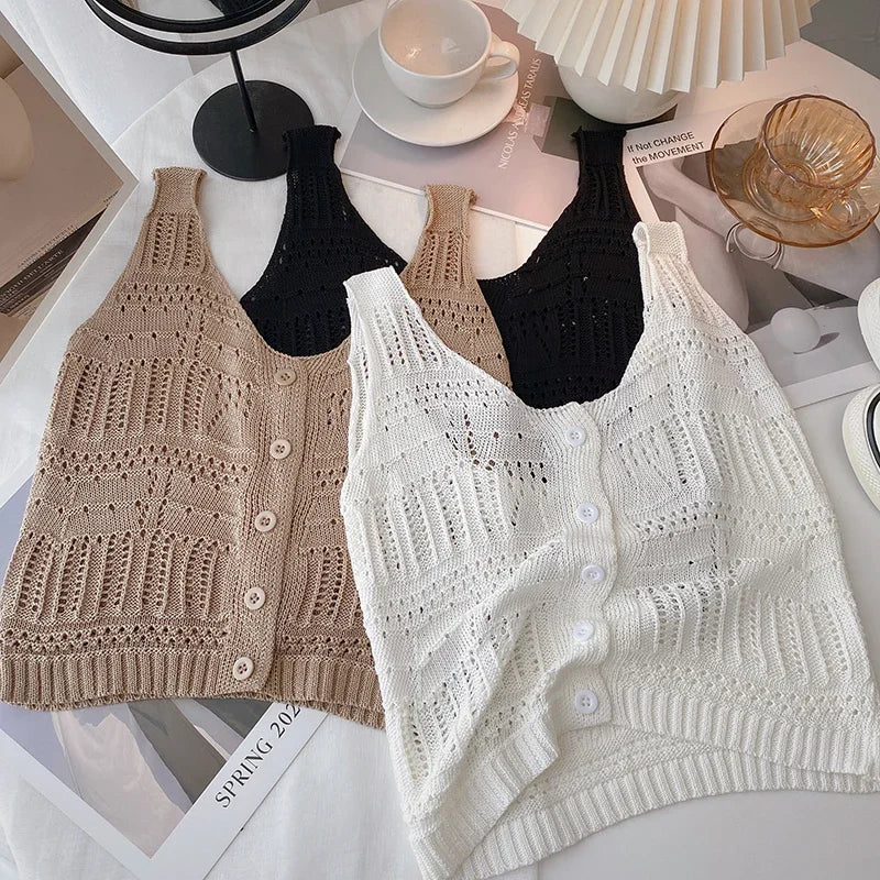 Women Hollow Out O-neck Sleeveless Vintage Knit Tank Tops Summer Outer Wear Single-breasted Cardigan Casual Solid Slim Crop Tops Embroidered Appliqued Beaded