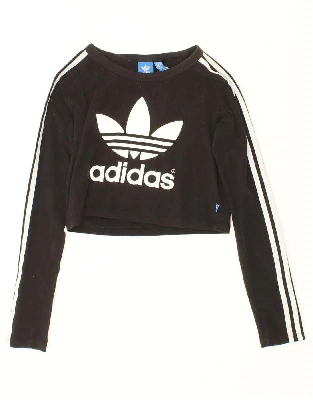 ADIDAS Womens Graphic Crop Top UK 14 Medium Black Cotton Elegant Classic Vintage