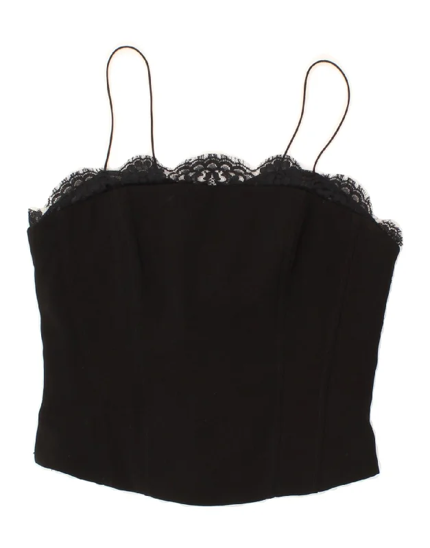 VINTAGE Womens Crop Top IT 42 Medium Black Notch Collar Peter Pan Collar Cowl Neck