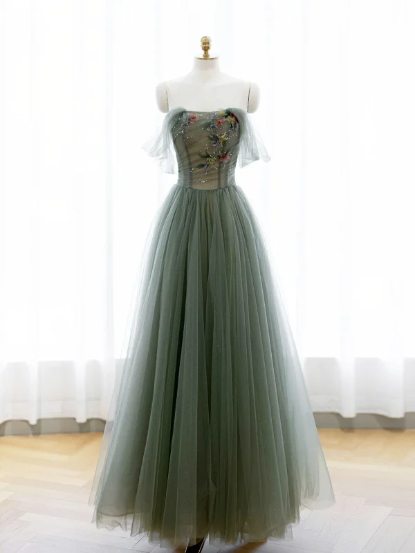 A-Line Green Tulle Long Prom Dress, Off the Shoulder Evening Party Dress Tunics Party sparkling