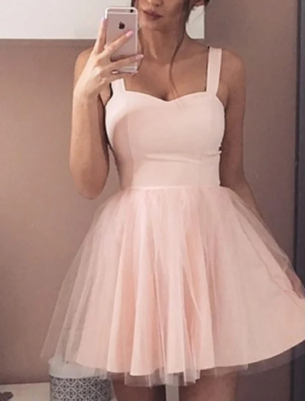 A-Line Cocktail Dresses Party Dress Wedding Guest Homecoming Short / Mini Sleeveless Sweetheart Pink Dress Tulle with Pleats Tunics Versatile stylish