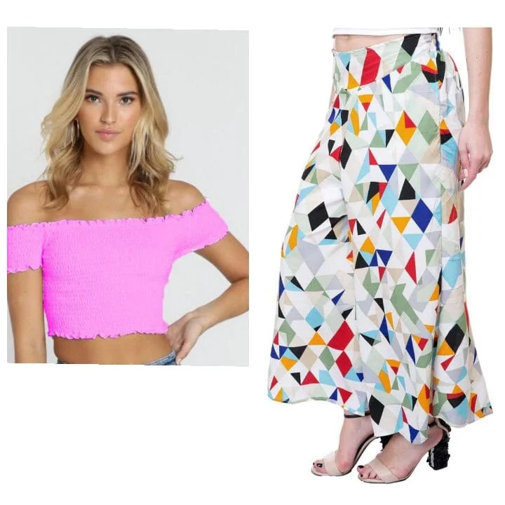 Palazzo & Crop Top White And Lavender Colour Crepe Palazzo with inner lined & Tube Smoking Top Striped Floral Plaid