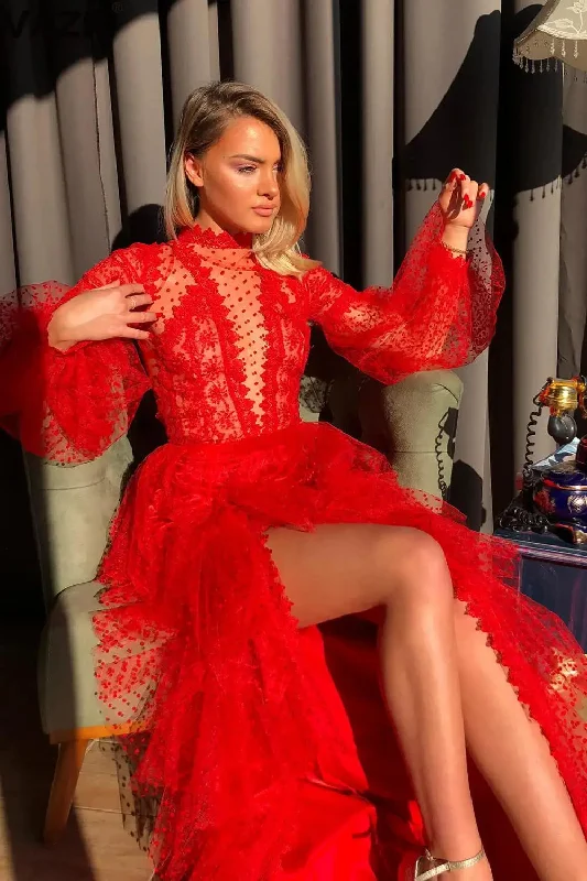 Red Lace Hollow Out A-Line Christmas Party Dress with Full Sleeves Tunics Timeless classic