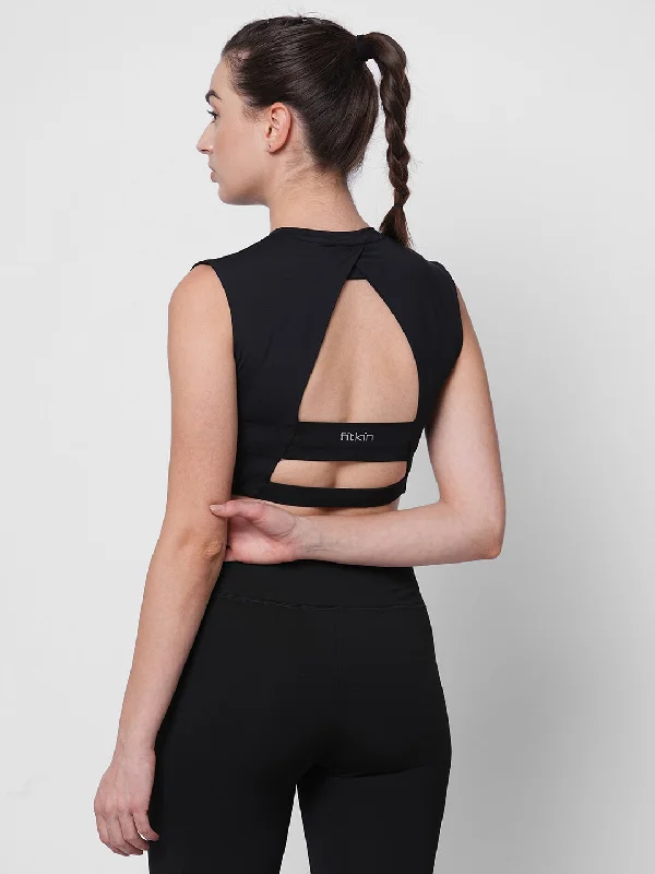 Fitkin women black solid short sleeve crop top with back design Hooded Caped Shawl Collar
