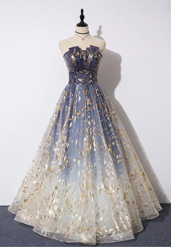 A-Line Strapless Tulle Long Prom Dresses, Cute Evening Party Dresses Tunics Velvet soft