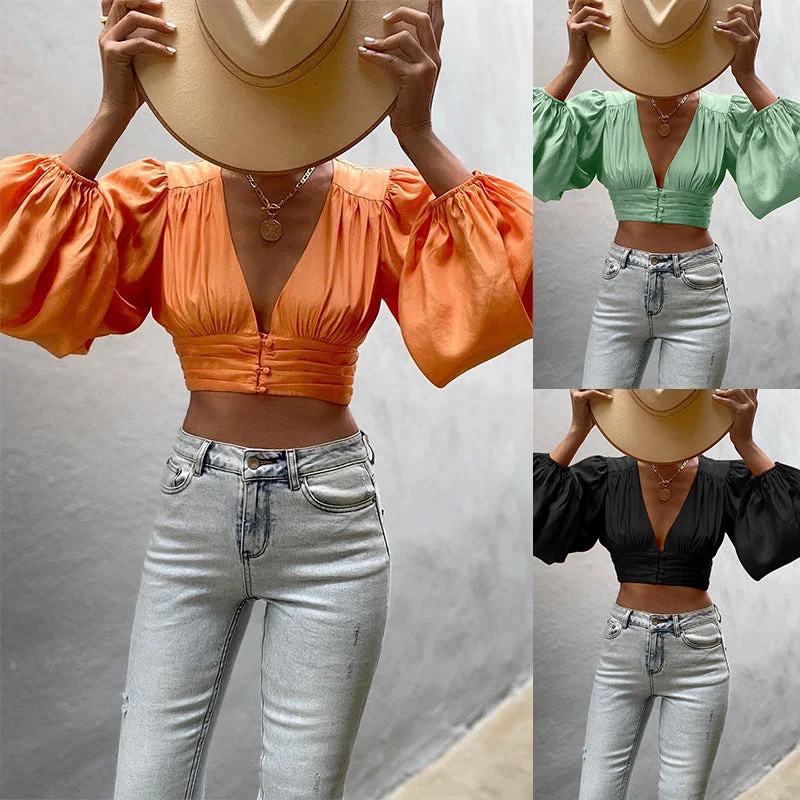 Long Sleeve Deep V Crop Top Seamless Knitted Crochet